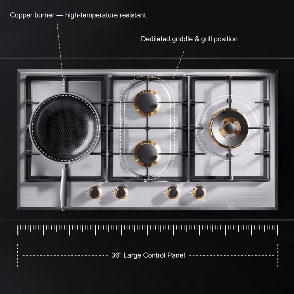 36 in. gas cooktop with 4-Burner, Stainless Steel, High Power