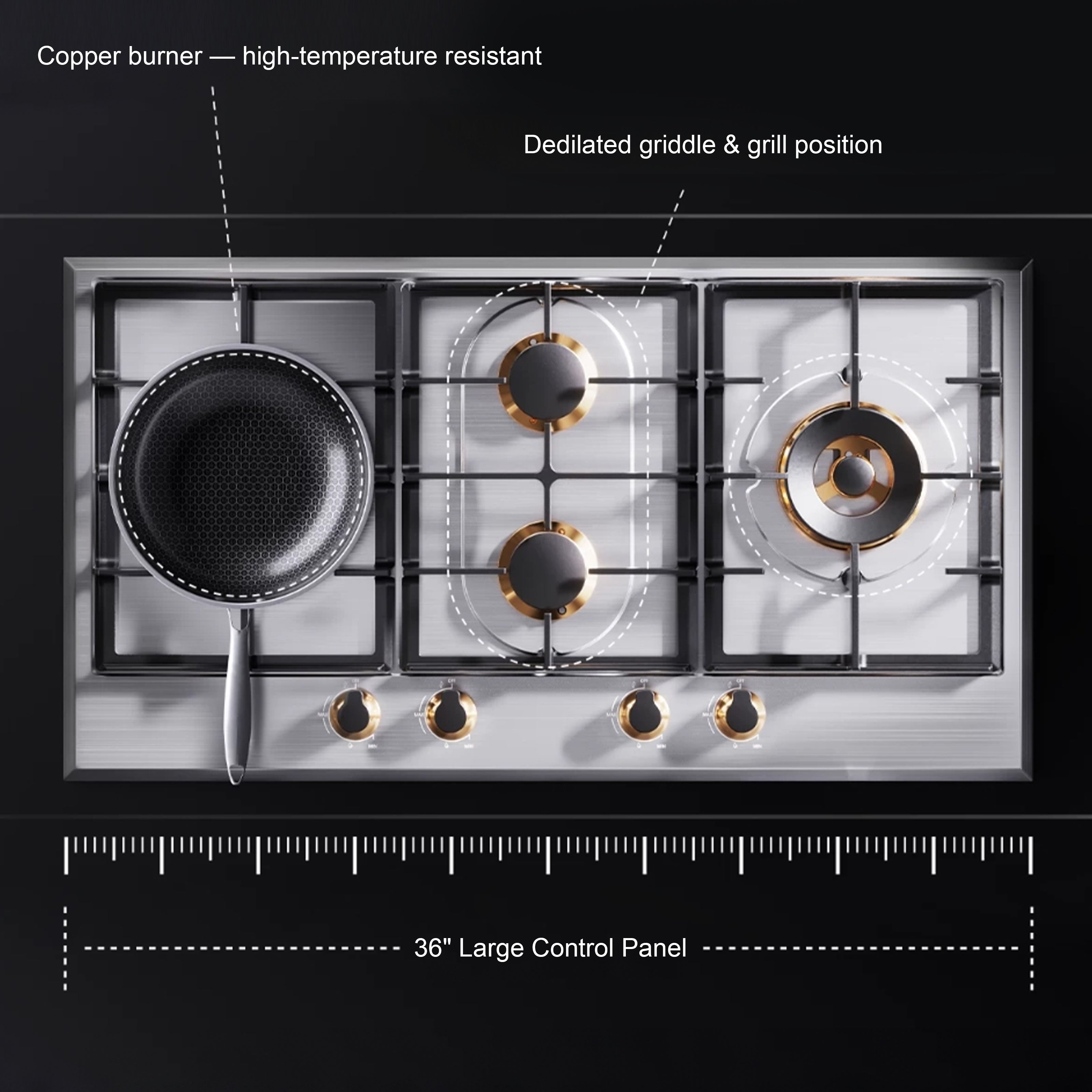 36 in. gas cooktop with 4-Burner, Stainless Steel, High Power
